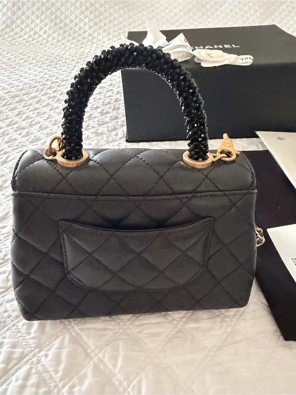 CHANEL Mini Flap Black Quilted Lambskin with Beaded-Handle Shoulder Bag. - Picture 9 of 16